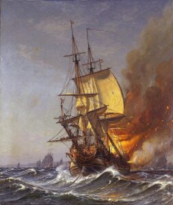 Fregatten Danebrog tar fyr på Køge Bugt (Kilde: Wikipedia. Maleri av Christian Mølsted 1921)