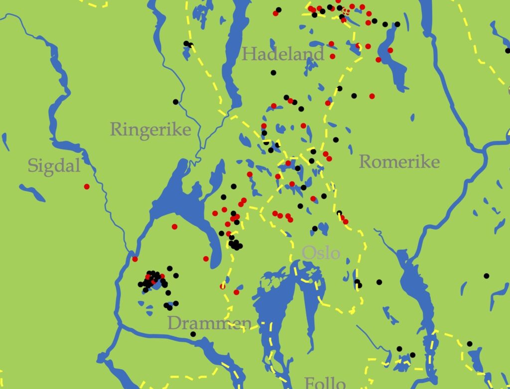 Røde markeringer viser skogfinne-bosettinger som var fra før 1686. Svarte viser de som kom senere. (Kilde: Skogfinneforeningen)